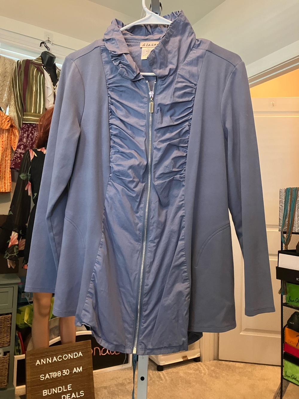 Women's Light Blue Ruffle-Front Trench Coat